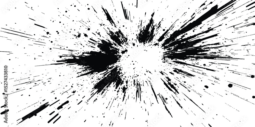 Poster Dynamic charcoal burst explosion, isolated on transparent background. Abstract explosion, radial burst of ink splatter effect.