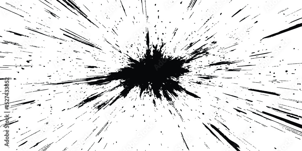 Poster Dynamic charcoal burst explosion, isolated on transparent background. Abstract explosion, radial burst of ink splatter effect.