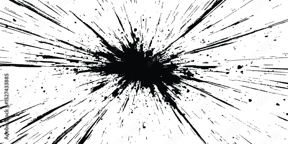 Poster Dynamic charcoal burst explosion, isolated on transparent background. Abstract explosion, radial burst of ink splatter effect.