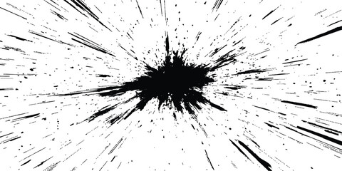 Dynamic charcoal burst explosion, isolated on transparent background. Abstract explosion, radial burst of ink splatter effect.