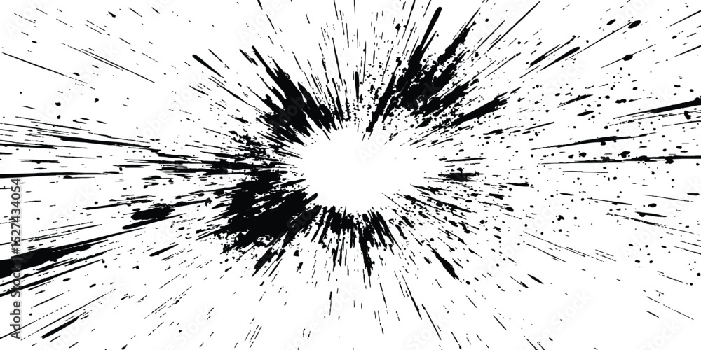 Poster Dynamic charcoal burst explosion, isolated on transparent background. Abstract explosion, radial burst of ink splatter effect.