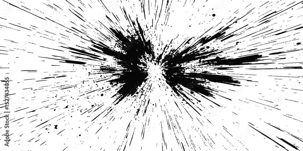 Poster Dynamic charcoal burst explosion, isolated on transparent background. Abstract explosion, radial burst of ink splatter effect.
