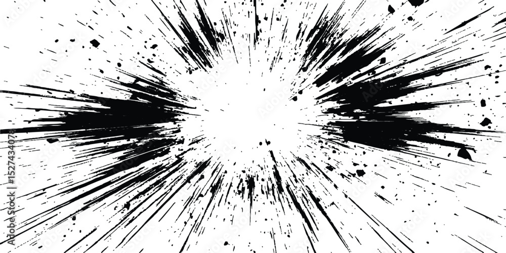 Poster Abstract explosion, radial burst of ink splatter effect. isolated on white background. Black ink splatter creates abstract background with dynamic energy.