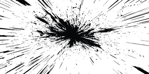 Dynamic charcoal burst explosion, isolated on transparent background. Abstract explosion, radial burst of ink splatter effect.