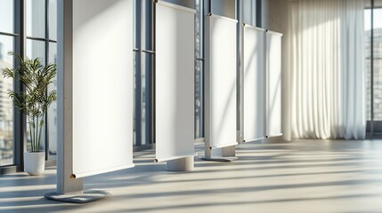 Modern office space featuring blank retractable banners near large windows and plants, ideal for design mockups and presentations.