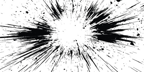 Abstract explosion, radial burst of ink splatter effect. isolated on white background. Black ink splatter creates abstract background with dynamic energy.