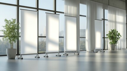 Modern office space featuring blank retractable banners near large windows and plants, ideal for design mockups and presentations.