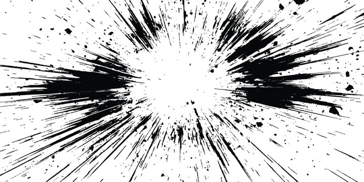 Abstract explosion, radial burst of ink splatter effect. isolated on white background. Black ink splatter creates abstract background with dynamic energy.
