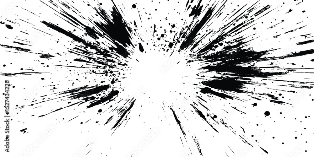 Poster Abstract explosion, radial burst of ink splatter effect. isolated on white background. Black ink splatter creates abstract background with dynamic energy.