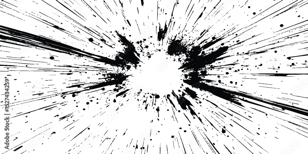Poster Abstract explosion, radial burst of ink splatter effect. isolated on white background. Black ink splatter creates abstract background with dynamic energy.
