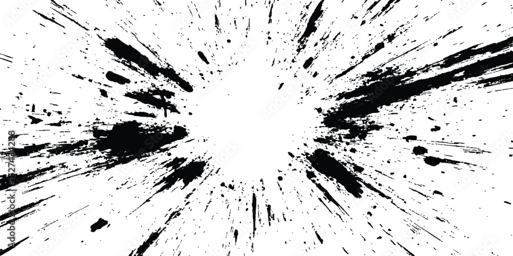 Poster Abstract explosion, radial burst of ink splatter effect. isolated on white background. Black ink splatter creates abstract background with dynamic energy.