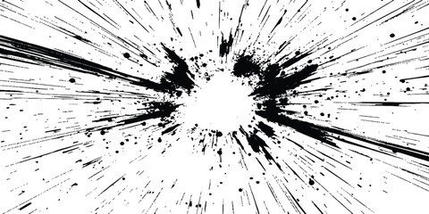 Abstract explosion, radial burst of ink splatter effect. isolated on white background. Black ink splatter creates abstract background with dynamic energy.