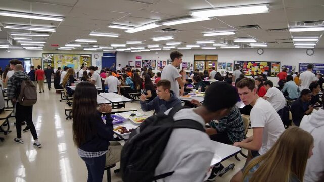 High school students engage in lunch activities in bustling cafeteria during midday