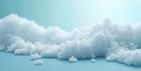 Soap foam on light blue background. Macro texture shot shows bubbles of cleansing liquid. Foam texture, washing concept, shampoo bubbles, freshness concept. Purity, hygiene, cleaning, laundry.