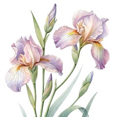 Fototapeta premium Delicate Watercolor Iris Flowers on Transparent White Background
