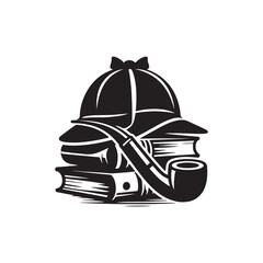 a detective hat with a pipe and books