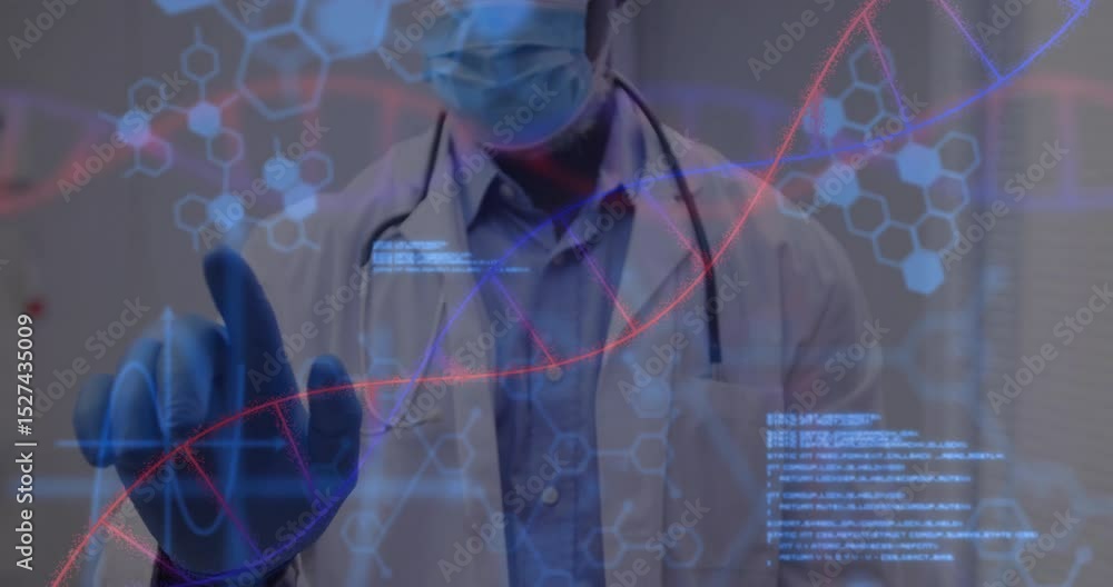 Poster doctor tapping hologram interface tracing red helix code running initiating diagnosis simulation