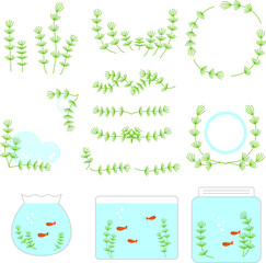シンプルな黄緑色の水草マツモの線画素材セット