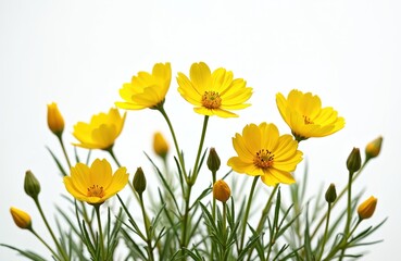 Fototapeta premium Vibrant yellow wildflowers, isolated white background. Bright, sunny floral arrangement with open blossoms, buds. Botanical art, design, natural beauty. Perfect for spring, summer, nature themed