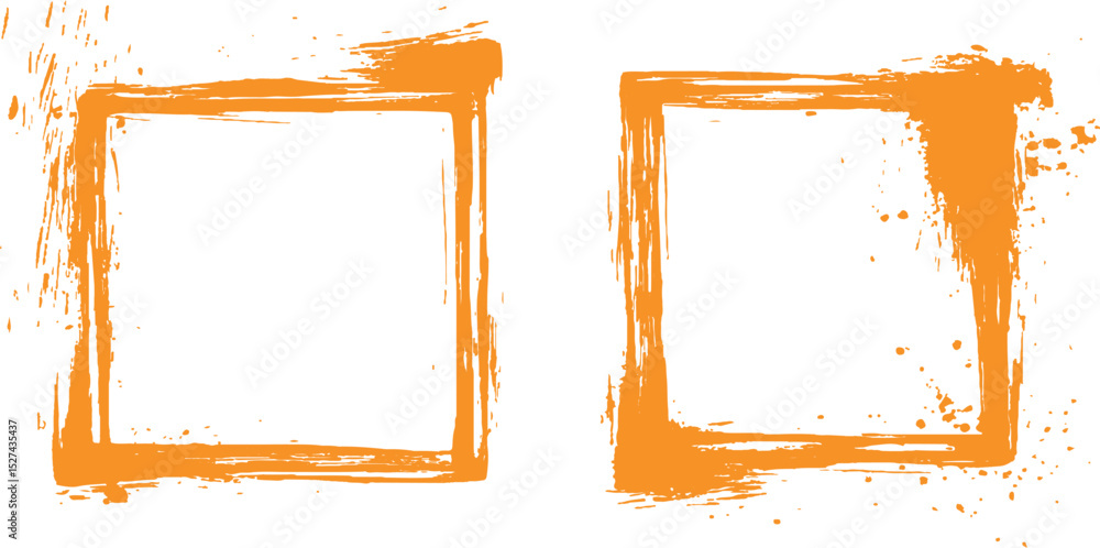Poster Frame is drawn with brush strokes on white background. Vector orange square grunge frame on a transparent background.