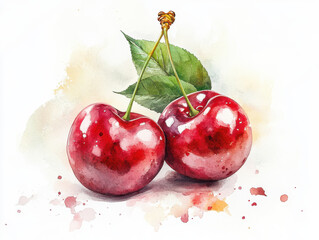 Two vibrant cherries with glossy red skin and green leaves are beautifully illustrated in watercolor, showcasing fresh and artistic style