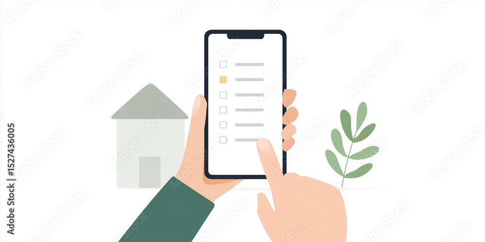 Poster hand holding smartphone displaying checklist with home and plant in background, illustrating organiz