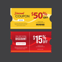Premium modern set of coupons vector colorful gift vouchers with coupon barcode and offer value on it