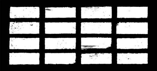 White paint brush stamps. Bold abstract roller mark frames, lino banners and chalk brush strokes. Scratch splashes, grungy dirty textures. Hand-drawn vector elements on black background