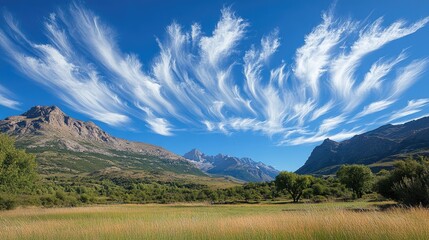 Dramatic sky with wispy clouds over a meadow and mountains.