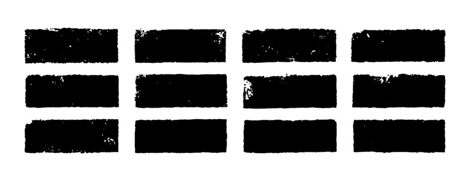 Black paint brush stamps. Vector grunge effect text boxes. Rough, stroke spray ink rectangles on paper. Distressed scratch background. Ink splatter frames on white. Paintbrush element banner bg