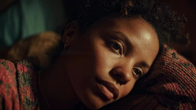 Warm cinematic lighting illuminates a young woman with curly hair, wearing a patterned sweater, as she lies on a bed, her pensive gaze fixed on a distant point, seemingly lost in thought