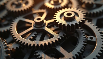 Close-up of metal gears industrial machine cogs. Detailed view of interconnected mechanical parts, engineering, technology, automation, system, production, teamwork. Illustration conveys complex