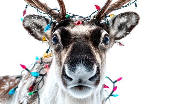 Close up of a reindeer with christmas lights wrapped around its antlers looking at the camera