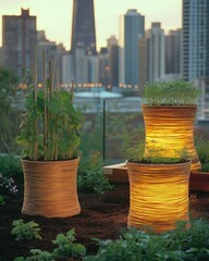 Sustainable Urban Rooftop Garden with Illuminated Planters and City Skyline at Dusk