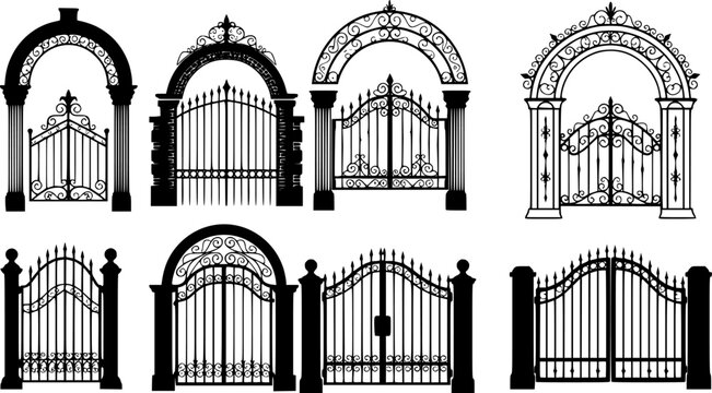 A collection of ornate black silhouettes of gates and arches