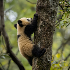 Obraz premium Panda climbing a tree bamboo forest wildlife photography natural habitat close-up view conservation awareness