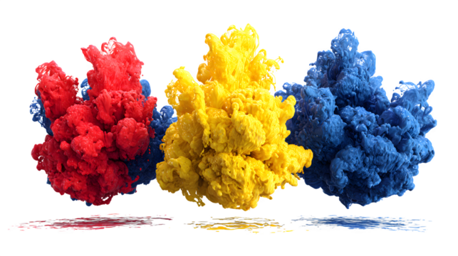 Three vibrant clouds of paint in red yellow and blue against a black background with color reflections