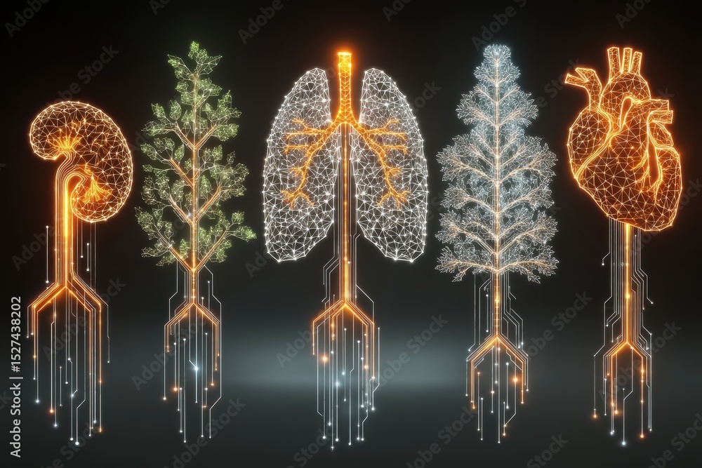 Poster digital flat background with icons of human organs and trees in high fidelity style