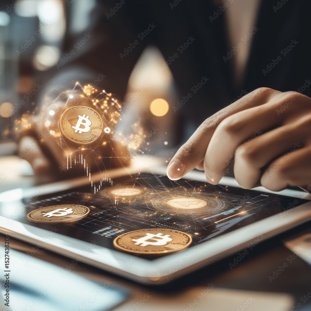 Poster man using tablet with defi, blockchain technology, peer-to-peer lending, decentralized exchanges, sm