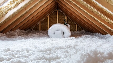 Insulated Attic with Fiberglass Material in Wooden Truss Roof Construction