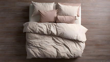 Top view of cozy bed with soft beige and blush pillows and duvet on wooden floor