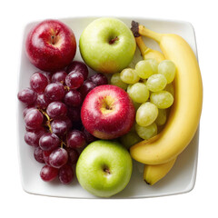 Fresh fruit platter with red apples green apples grapes and bananas healthy delicious snack colorful vibrant vitamins natural food breakfast dietary fiber organic on transparent background