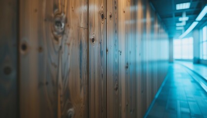 Obraz premium Modern Office Corridor: Wooden Walls, Blue Floor, Architectural Design