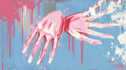 Abstract painting of hands in pink and white with dripping paint on blue background