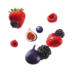 Delicious fresh berries and figs falling isolated on studio shot of juicy summer fruits red strawberries blueberries blackberries raspberries figs healthy food on transparent background diet