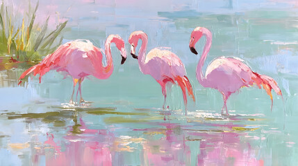 Impressionist style flamingos in pastel wetland with water reflections and natural plants