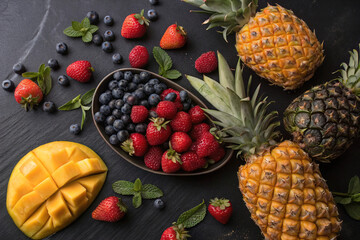 Assortment of Tropical and Berries on Dark Background