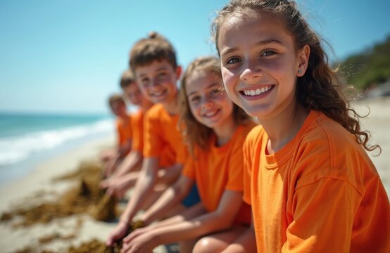 Group young volunteers cleaning beach seaweed on sunny day. Happy smiling children working in community, protecting eco system. Environmental conservation, nature care, sustainability.