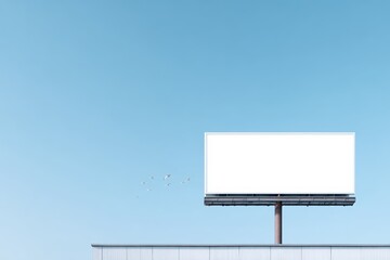 Obraz premium Empty billboard mock up against clear blue sky, positioned above modern building, providing ample copy space for advertising or promotional content, ideal for marketing and design projects
