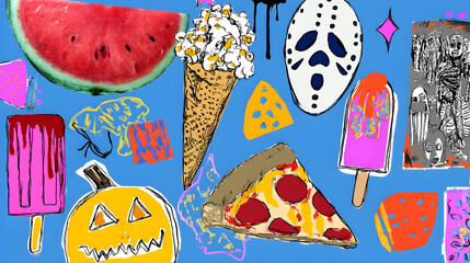 Colorful pop art collage with food, Halloween symbols and horror mask on blue background